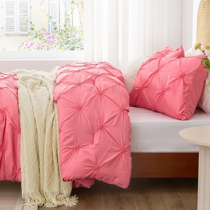 BEDELITE Twin Comforter Set Strawberry Pink,Lightweight & Soft Comforter | Pintuck Boho Bedding, Warm & Cute Bed Set for All Season,With 1 Pillowcase