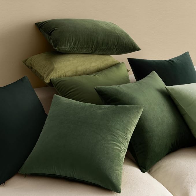 MIULEE 24x24 Inch Pack of 2 Euro Velvet Throw Pillow Covers Moss Green | Soft Solid Decorative Euro Sham, Modern Luxury Home Decor, for King Bed Sofa Couch Bedroom Livingroom