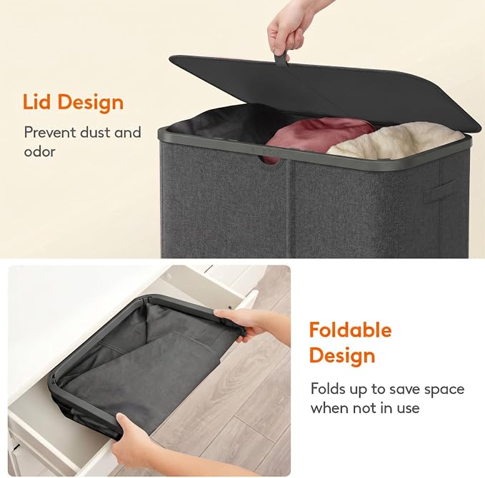 Lifewit 165L 3 Section Laundry Hamper with Lid, Laundry Basket, Dark Gray | Large Foldable Laundry Sorter with 3 Removable Bags, Tall Clothes Hamper for Bedroom and Bathroom