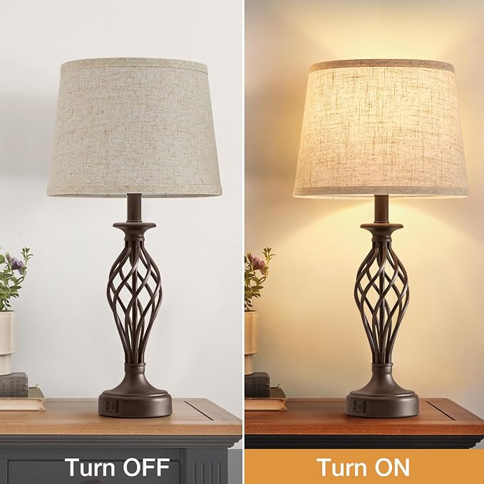 Table Lamp for Bedroom Set of 2 with USB C+A Ports,Modern Night Stand Lamp | Brown Bedside Lamps with Spiral Cage Base,Beige Fabric Shade,Lamp for Living Room Reading Bed Side End Table,Bulbs Included