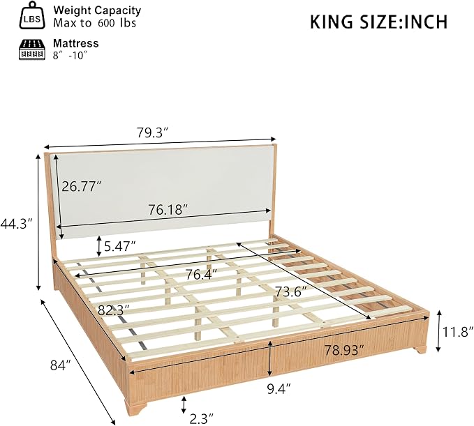 Christopher Knight Home Jill Modern King Bed Frame and Headboard, Bed Frame King with Upholstered Headboard, Wooden King Platform Bed Frame with Slat Supports, No Box Spring Needed, Natural+White