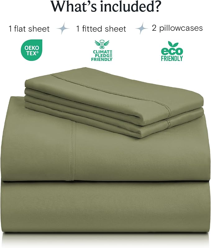 LuxClub 4 PC Queen Sheet Set, Deep Pockets Wrinkle Free Cooling Bed Sheets Hotel Bedding for Women, Men, Includes 1 Fitted Sheet, 1 Flat Sheet and 2 Pillowcases-Soft Olive | LuxClub Silky Fitted Sheet & Pillowcase Sets, Breathable Hotel Luxury Bedding ...