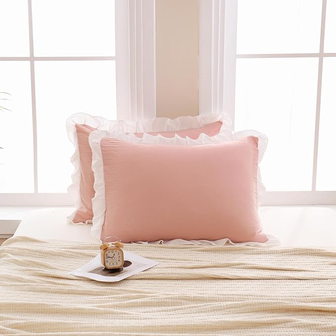 Merryword Pink Pillow Shams Pink and White Reversible King Pillowcases Cute Pillow Cover Set of 2 Soft Shabby Chic Ruffled Pillowcases 2 Pack (King (20''x36''), Pink White)