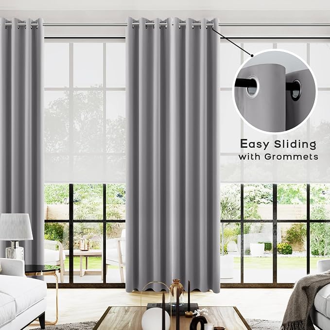 KOUFALL 2 Panels Set 96 Inches Long Blackout Curtains for Living Room,Grommet Puddle Length Room Darkening Thermal Solid Medium Gray Light Weight Insulating Curtains for Bedroom,Light Grey