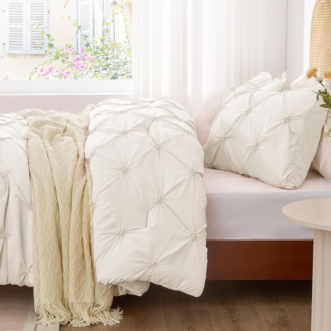 BEDELITE Queen Comforter Set Cream White,Lightweight & Soft Comforter | Pintuck Boho Bedding, Warm & Cute Bed Set for All Season,With 2 Pillowcases