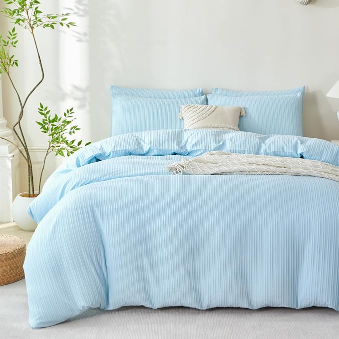 Light Blue Striped Comforter Set Queen Soft Luxury Washed Microfiber Jacquard 3 Pieces Bedding, Blue Vertical Ticking Stripes Comforter with 2 Pillowcases Breathable Durable Comfy