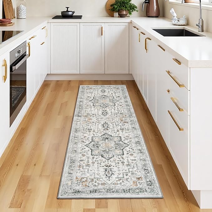 Washable 2x6 Runner Rug for Hallway Entryway, Non Slip Kitchen Area Rugs Indoor Mat for Bedroom Bathroom Laundry Farmhouse, Soft Vintage Floor Carpet Stain Resistant Low Pile, Grey/Brown