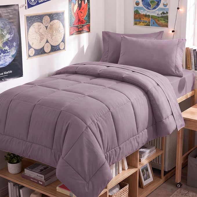 Twin XL Comforter Set Dusty Purple - 5 Pieces Twin XL Bed in a Bag | College Dorm Essentials, OEKO-TEX Certified, All Season, Down-Alternative Comforter + Flat & Fitted Sheets + 2 Pillowcases