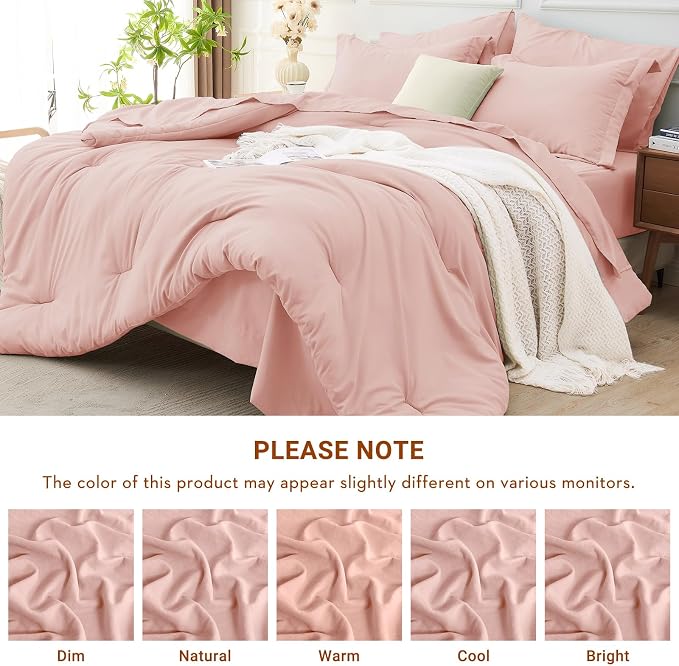 7 Pieces Full Comforter Set, Soft Bed in a Bag Full Size, All Season Bedding Set with Comforter, Flat Sheet, Fitted Sheet, Pillowcases & Shams, Pink