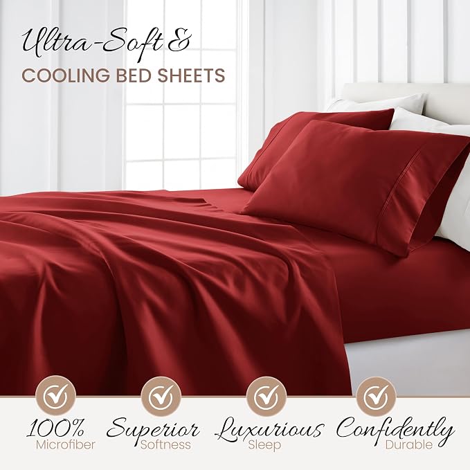 Linen Market Brushed Microfiber King Sheet Set 4 Piece – Oeko-TEX Certified Ultra Soft & Wrinkle-Free - 16" Deep Pocket Sheets - Easy Care King Size - Burgundy
