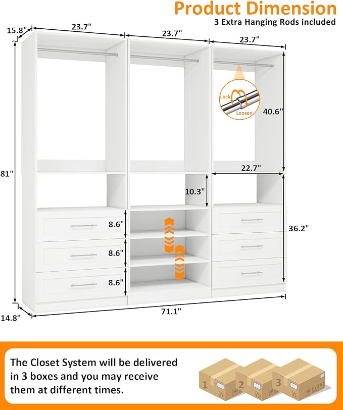 Closet System with 3 Sets, 6–15 FT Closet Organizer System with 6 Drawers, 6 Shelves & 6 Rods, Walk-In Modular Closet System, Custom Built-In Closet Kit, White