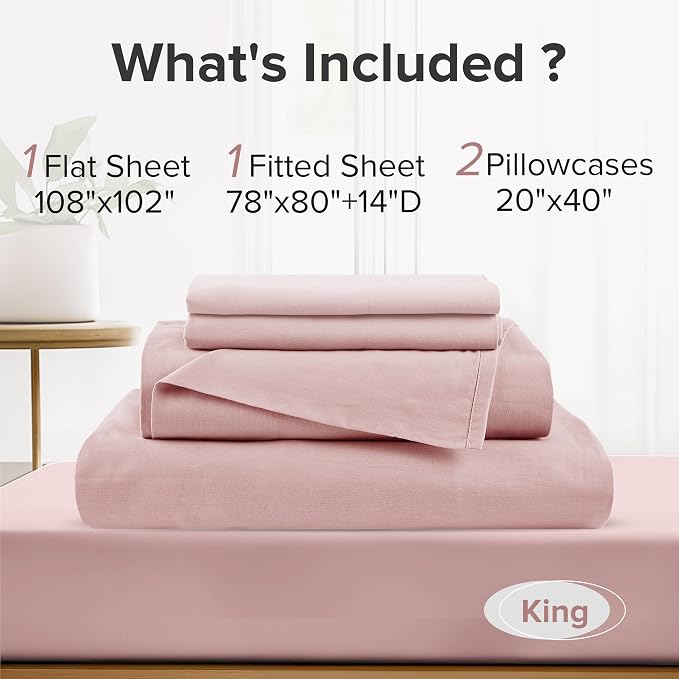 Comfort Spaces 100% Cotton Percale Sheets King Sheet Set 4 Pcs, Pink | Crisp, Cool & Breathable Bed Sheets, 14" Deep Pocket Fits Up to 16" Mattress, Lightweight, All Season Cozy, with Pillow Case