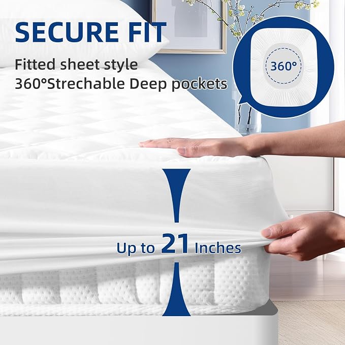 MEELUS Waterproof Twin Mattress Protector, Fitted Deep Pocket 8"-21",White | Breathable Padded Mattress Pad Cover, Soft Noiseless Mattress Cover Washable Cooling for Home Hotel Bedroom