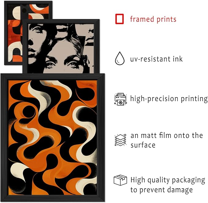 16 PCS Framed Retro 70s Wall Art Decor, Eclectic Vintage Wall Prints for Bedroom, Gallery Wall Frame Set, Abstract Posters for Living Room Aesthetic, Collage Kit, 60s 80s 90s Dorm Home Artwork