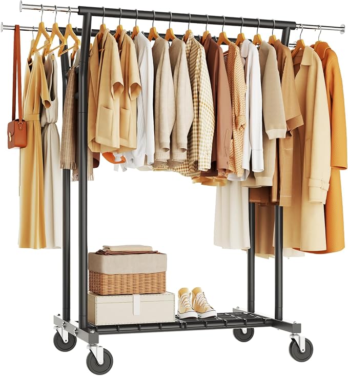 HYSEYY Heavy Duty Clothes Rack, Rolling Clothing Rack for Hanging Clothes with Shelves Load 700LBS,Portable Garment Wardrobe Closet Rack with Wheels for Bedroom,Laundry Room,Retail Store,Black