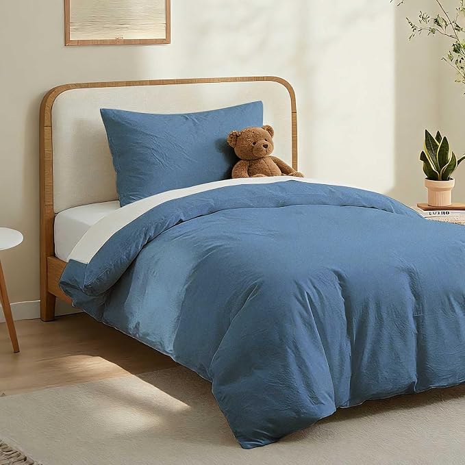 LOVQUE 100% Washed Cotton Duvet Cover, Denim Blue, Twin Size, 68x90 Inches | Breathable, Linen-like, Natural Bedding Set with Zipper Closure, Corner Ties, 1 Cover + 1 Pillowcase, No Comforter