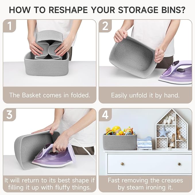 3 Pack Small Storage Baskets for Organizing, 11.8×7.8×5.1", Grey | Woven Baskets for shelves, Cotton Rope Basket for Gifts Empty, Closet Organizer Bins with Handles, Cube Decorative Box