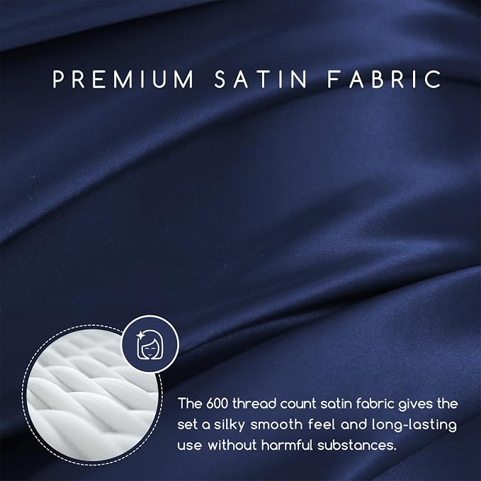 MR&HM Satin Sheets Full Size with Elastic Corner Straps, Navy Blue | Similar to Silk, 4-Piece Silky Soft Bed Sheet Set, Gentle on Skin and Hair, 15" Deep Pocket, Cooling & Breathable