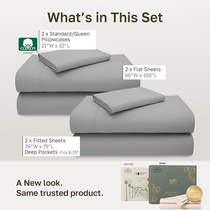 California Design Den 2 Pack Luxury 600 Thread Count Twin Bed Sheet Set | 100% Cotton Sateen Backed by Good Housekeeping Seal, Soft & Smooth, All-Around Elastic, Durable, Easy Care - Light Grey