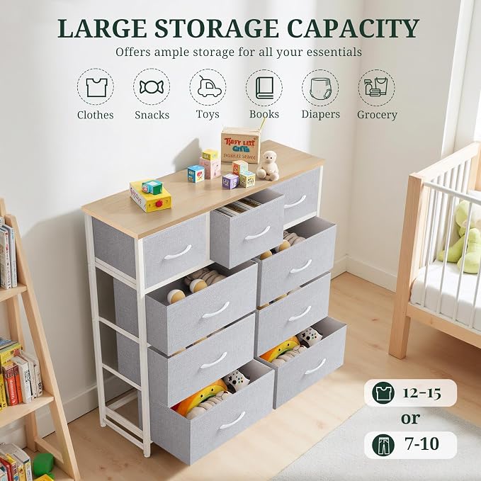 9-Drawer Dresser for Bedroom, Anti-Tip Tall Storage Organizer | Chest of Drawers with Wooden Top and Metal Frame Fabric Bins for Closet, Living Room, Hallway, Entryway, Light Gray