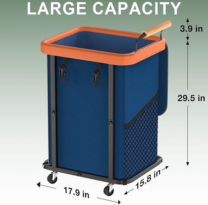 150L Laundry Basket with Wheels, Rolling Basket Hamper with Lid & Handle | Laundry Organizer Storage Cart with Heavy Duty Sturdy Metal Frame for Home, Hotel, Laundry Room - Dark Blue