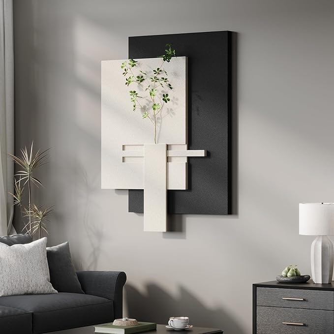 3D Black and White Abstract Wall Art, Modern Minimalist Artwork for Walls | Sandstone Textured Pictures, Layered Panle Design, Faux Plant, Decor for Living Room Bedroom Dining Room Office