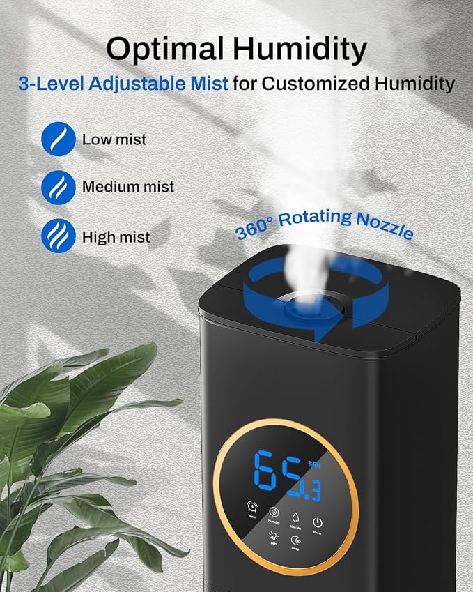 Lacidoll 8L Large Humidifier for Bedroom Large Room Home 800 sq ft, Black | 48H Top Fill Cool Mist Humidifier for Baby Nursery, Humidity Control, Night Light, Essential Oil Tray, Safe for Plants & Pets