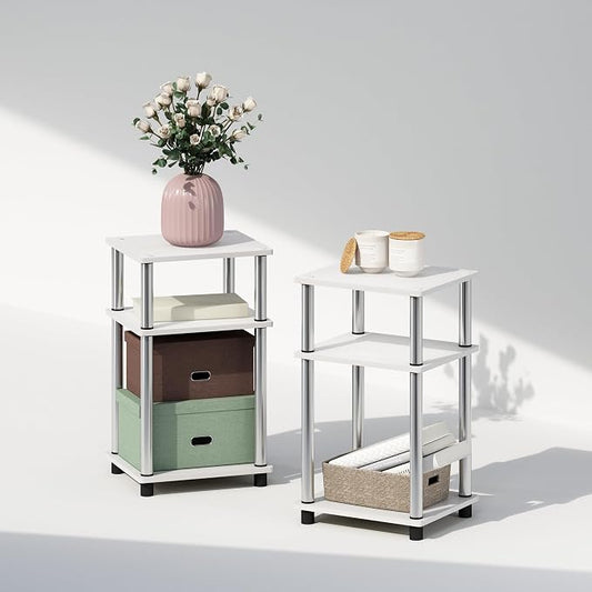 Furinno JUST Set of 2 Toolless 3-Tier Night Stand, White Oak | Compact, Narrow, Open Storage Bedside Table, End Table, Side Table, Stainless Steel, for Bedroom, Dorm