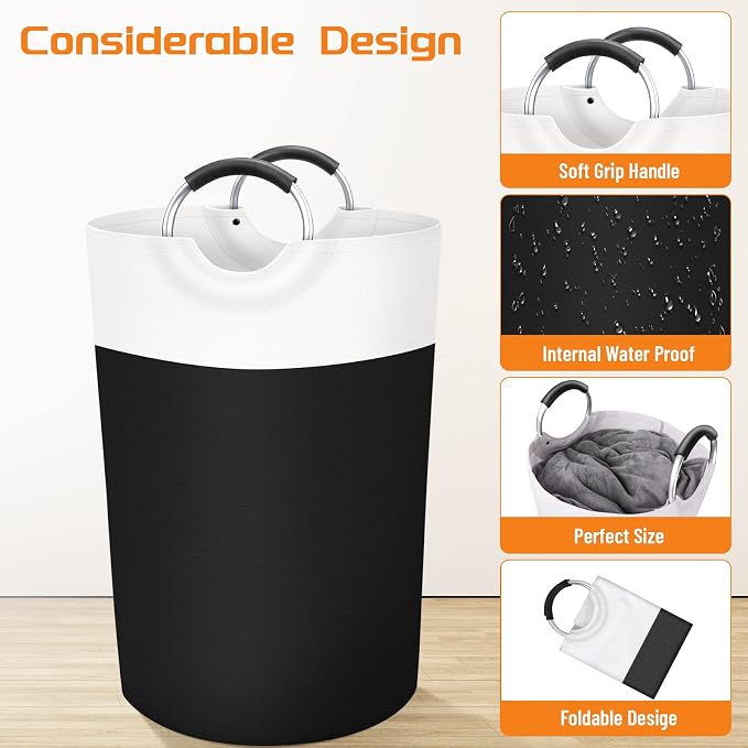 BlissTotes 75L Laundry Basket, Freestanding Collapsible Hamper, Black | Collapsible Dirty Clothes Hamper, Foldable Laundry Bag for Dorm, Waterproof Fabric, Padded Aluminum Handles