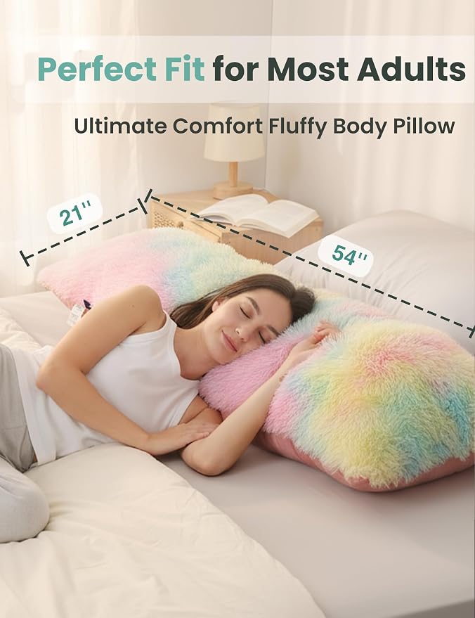 ZonLi Fluffy Body Pillow for Adults, Fuzzy Faux Fur Long Pillow with Shredded Memory Foam, Adjustable Support for Side Sleepers, Gifts, 20 x 54 Inch, Rainbow