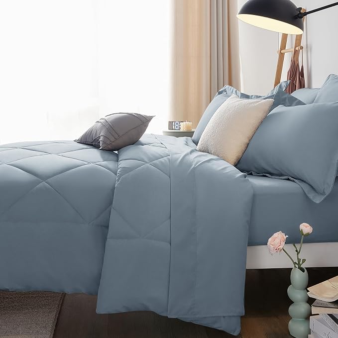 Oversized Queen Comforter Set Dusty Blue - 7 Pieces Bed in a Bag | OEKO-TEX Certified, All Season, 240GSM Down-Alternative Comforter, Sheets, Pillowcases & Shams, 14" Deep Pocket, Easy Care