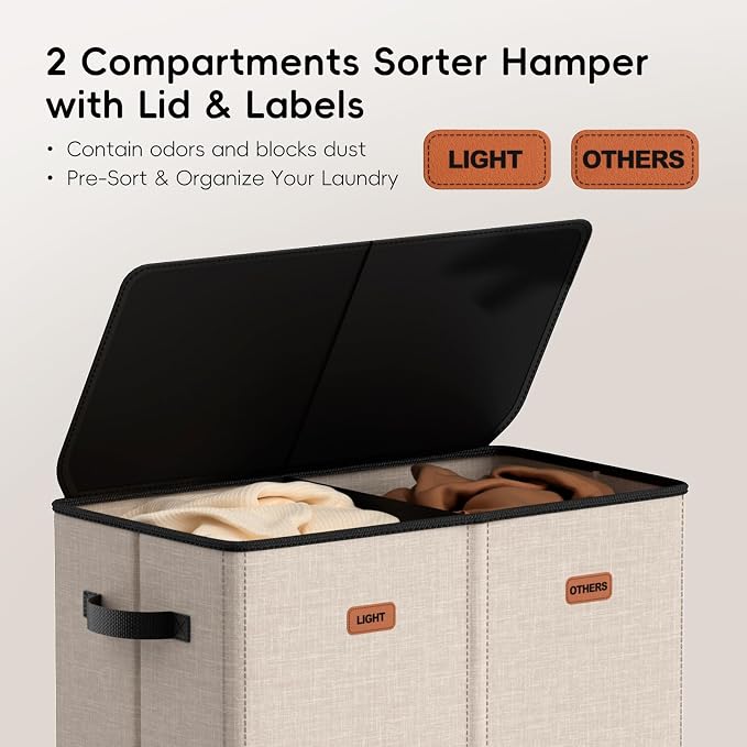 150L Double Laundry Hamper With Lid, Large Clothes Hampers with Removable Bag, Laundry Hamper 2 Section for Bathroom, Bedroom, Laundry Room, Dorm