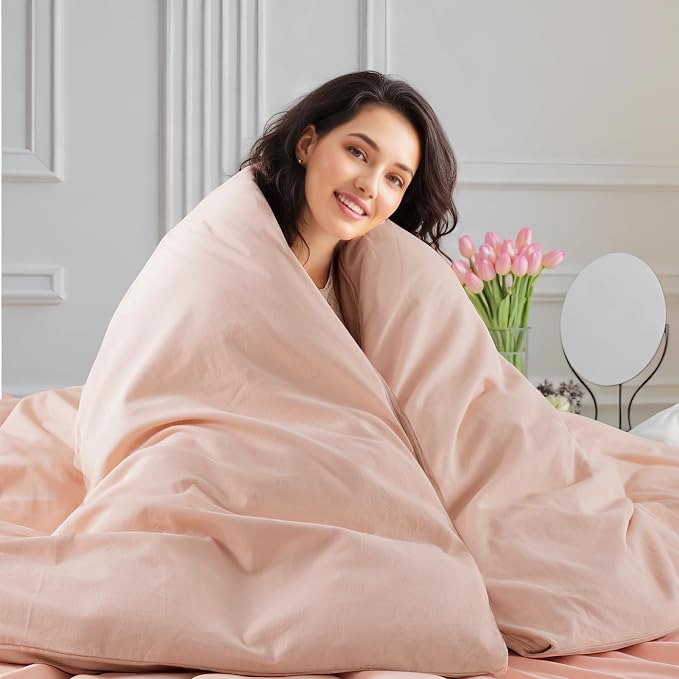 NEXHOME PRO Duvet Cover Set Twin Size Linen Feel Textured Organic Natural 100% Washed Cotton Duvet Cover 2 Pieces Bedding Set with Zipper Closure, Breathable, Dusty Pink(No Comforter)