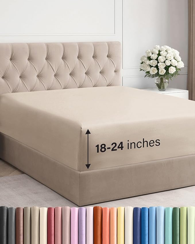 Extra Deep Full Fitted Sheet - Single Fitted Sheet Only - Wheat | Easily Fits 18 inch to 24 inch Mattress, Soft, Wrinkle Free, Breathable & Comfy, Extra Deep Pockets Hotel Luxury Fitted Sheet