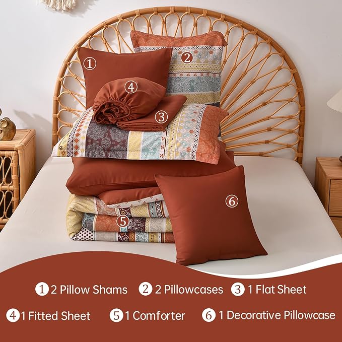 Cottolester Boho Comforter Set Full Size,8 Pieces Red and Orange Bohemian Striped Bed in a Bag,Paisley Soft Microfiber Bedding Comforter Set