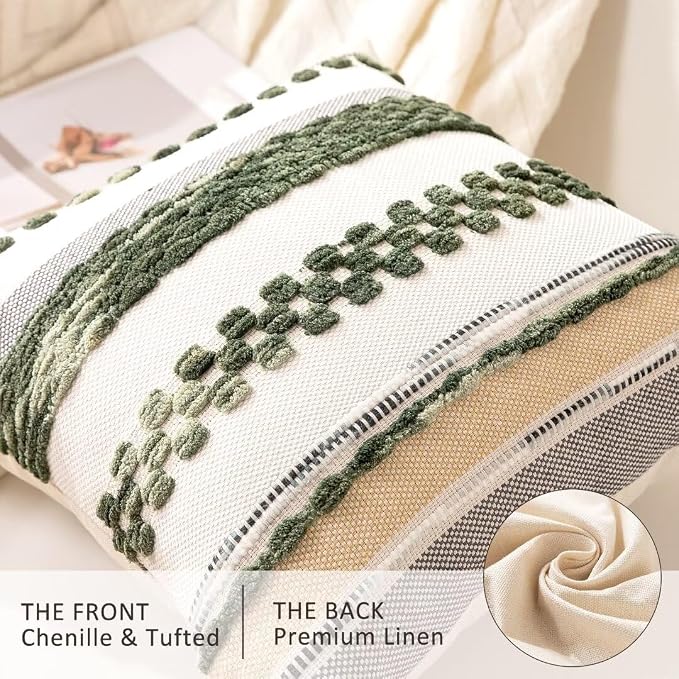 Boho Throw Pillow Covers Decorative Neutral Farmhouse Pillow case | 18x18 Set of 2 Cushion Case Striped Square Pillows Cover Couch Pillow Cases Accent Pillowcase for Sofa Bed,Dark Green