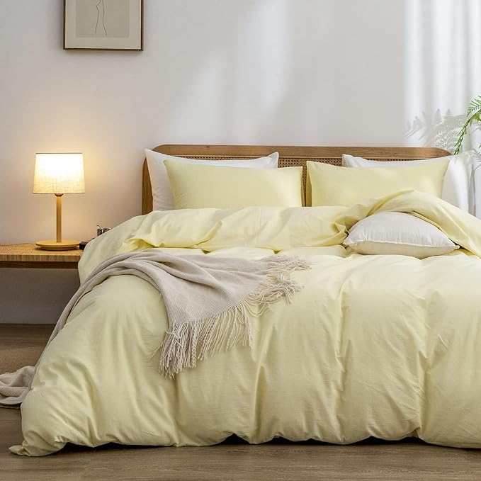 BESTOUCH Cotton Solid Duvet Cover Set Linen Feel Light Yellow Alaska King | 100% Washed Cotton, Soft Wrinkle Texture, Hidden Zipper, 8 Ties, Breathable Lightweight Durable Comfy, 3 Pcs No Insert