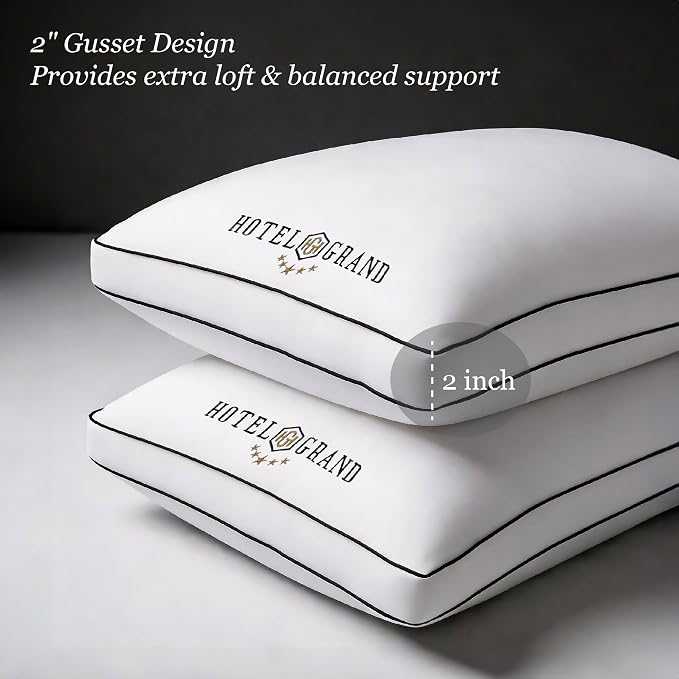 Hotel Grand Queen Pillows Set of 2, Gusseted Firm Support Down Alternative | Hotel Collection Pillows for Side, Back or Stomach Sleepers, 400 Thread Count 100% Cotton Cover, 18x28 Inches