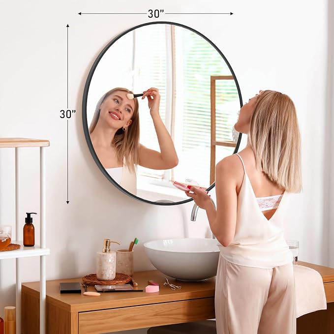 Sweetcrispy 30 in Round Bathroom Wall Mirror, Vanity Mirrors for Over Sink | Matte Metal Frame, Mirros for Entryway, Bedroom, Home Decor, Hang Mounted Frame, Black
