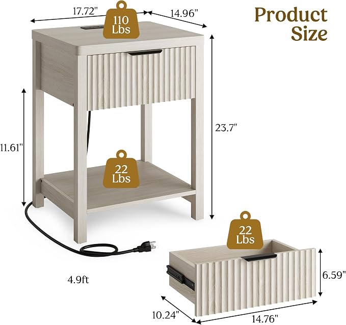 Night Stand Set 2, Fluted Wood Nightstands w/Charging Station for Bedroom | Grey White, Storage Drawer, Open Shelf, Metal Silent Rails, Round Corners, Modern Fluted Panel, Living Room, Bedside Table
