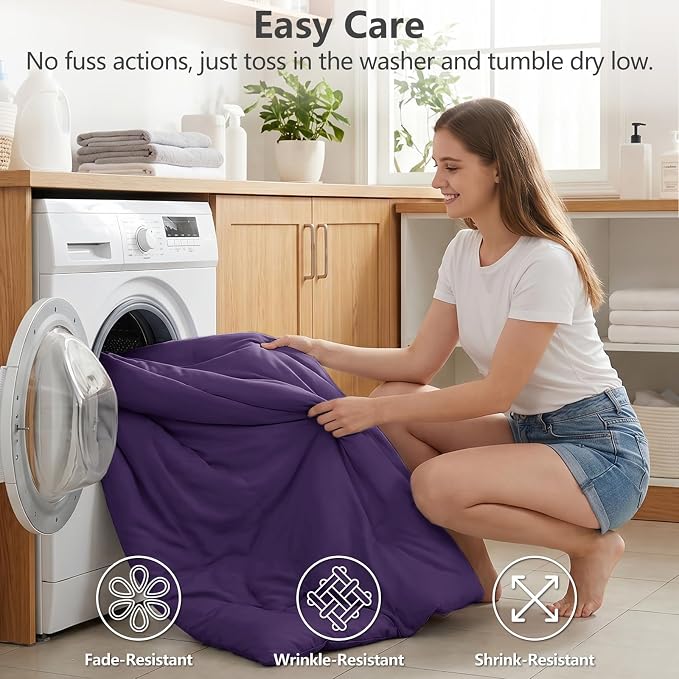 Full Comforter Set, 3 Pieces Down Alternative Bedding, Purple | 270 GSM All Season Comforter with 4 Corner Ties for Use as a Duvet Insert, OEKO-TEX Certified, 2 Pillowcases, 82 x 86 in