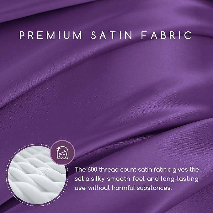 MR&HM Satin Sheets Queen Size with Elastic Corner Straps, Lavender | Similar to Silk, 4-Piece Silky Soft Bed Sheet Set, Gentle on Skin and Hair, 15" Deep Pocket, Cooling & Breathable