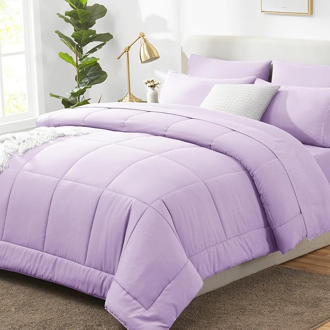 Full Size Comforter Sets Lavender - 7 Pieces Bed in a Bag | OEKO-TEX Certified, All-Season, Bedroom, Guest Room, Down-Alternative Comforter + Flat & Fitted Sheets + 4 Pillowcases