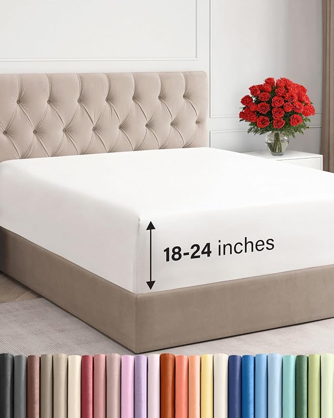 Extra Deep Cal King Fitted Sheet - Single Fitted Sheet Only - Antique White | Easily Fits 18 inch to 24 inch Mattress, Soft, Wrinkle Free, Breathable & Comfy, Extra Deep Pockets Hotel Luxury Fitted Sheet