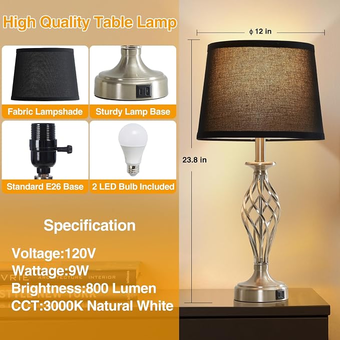 Table Lamp for Bedroom Set of 2 with USB C+A Ports,Modern Night Stand Lamps | Silver Bedside Lamps with Spiral Cage Base,Black Fabric Shade,Lamp for Living Room Reading Bed Side End Table,Bulbs Included