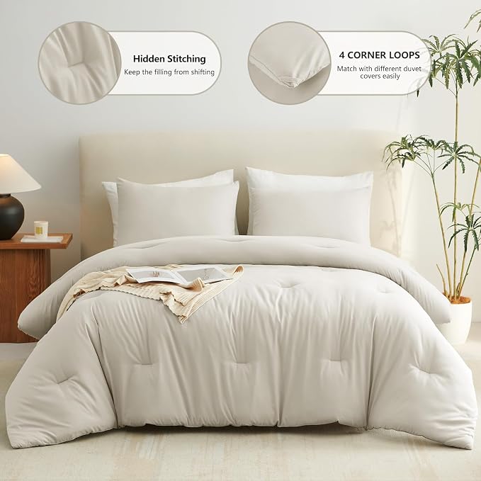 Queen Comforter Set, 3 Pieces Down Alternative Bedding, Beige | 270 GSM All Season Comforter with 4 Corner Ties for Use as a Duvet Insert, OEKO-TEX Certified, 2 Pillowcases, 88 x 88 in