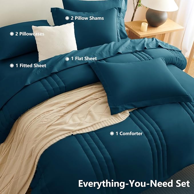 King Size Comforter Set Lyons Blue- 7 Pieces Bed in a Bag | OEKO-TEX Certified, 240GSM Down-Alternative Comforter, 14" Deep-Pocket Sheets, Shams & Pillowcases, Lightweight