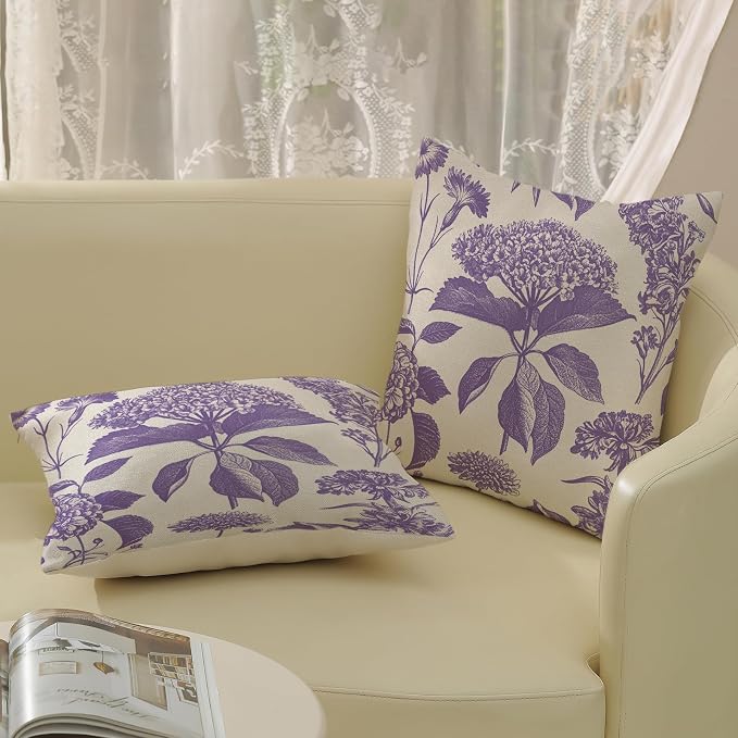 Purple Pillow Covers 16x16 Inch 2 Pcs Boho Vintage Floral Decor Throw Pillows Hydrangea Flower Seasonal Outdoor Farmhouse Neutral Accent Decoration Pillowcase Linen Cushion Cover for Sofa