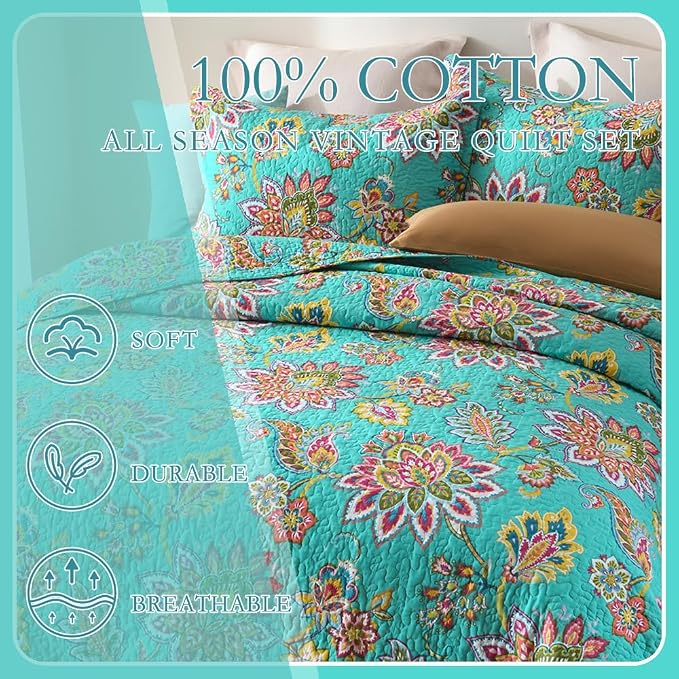 Wistown Cotton Bedspread Bedding Coverlet Quilt Sets, Reversible Vintage Branch Floral Bedspread comforters, (Vintage Turquoise Paisley Floral Pattern, King Size)