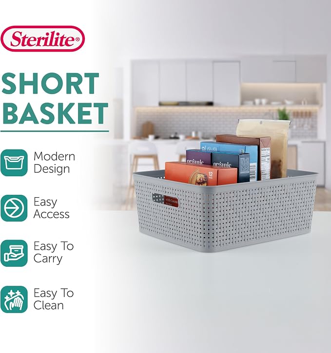 Sterilite 12 Pack Plastic Storage Bin Organization Containers, Short Baskets, Cement
